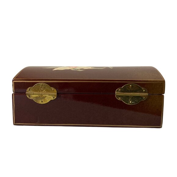 Vintage Floral Lacquered Wooden Jewelry Box With Hinged Lid And Orchid Design - Picture 4 of 9